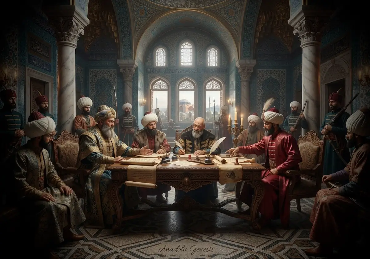 Ferhat Paşa Antlaşması'nın 1590 yılında Osmanlı ile Safevî temsilcileri arasında imzalanışını betimleyen tarihî diplomasi sahnesi.