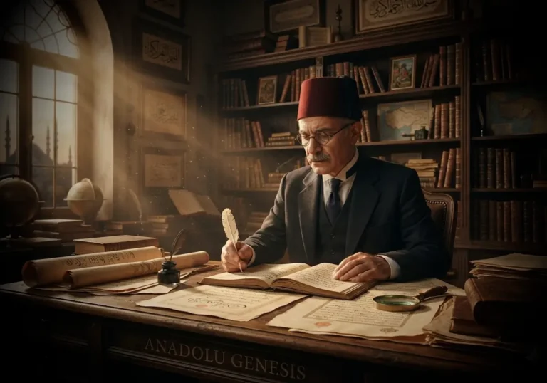 Fuat Köprülü'nün tarih araştırmalarıyla çevrili tarihî kütüphanedeki portresi, modern Türk tarihçiliğinin bilimsel gelişimini simgeliyor.