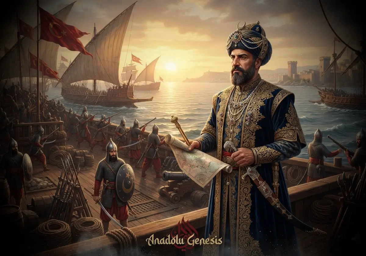 Gedik Ahmed Paşa'nın Osmanlı donanmasıyla Otranto Seferi öncesindeki tarihî tasvirini gösteren sinematik illüstrasyon.