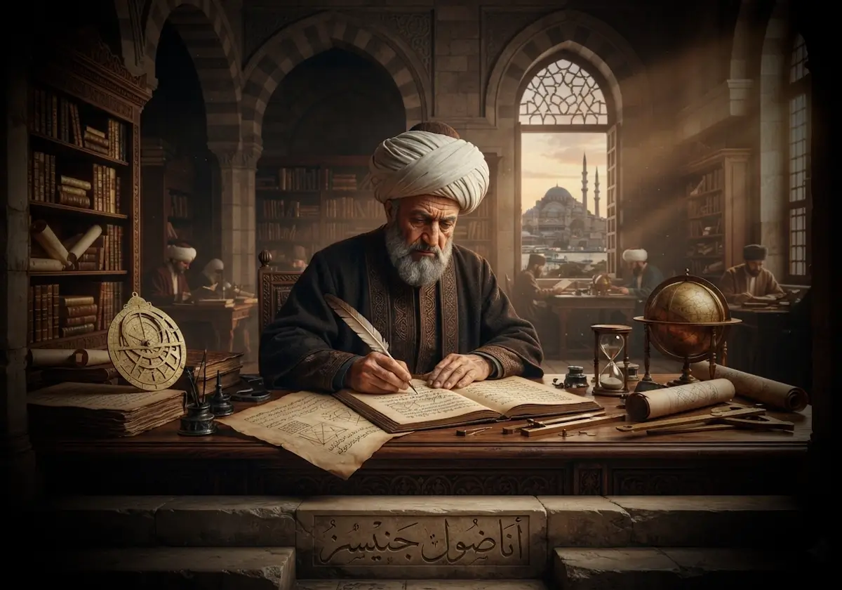 Osmanlı âlimi Gelenbevi İsmail Efendi'nin medrese kütüphanesinde matematik ve astronomi çalışmalarıyla tasvir edildiği tarihî sahne.