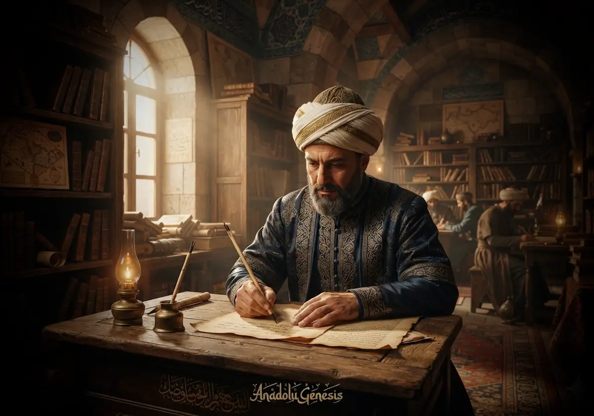Gelibolulu Mustafa Ali'nin Osmanlı kütüphanesinde tarih yazarken tasvir edildiği, eserlerini ve düşünce dünyasını yansıtan tarihî sahne.