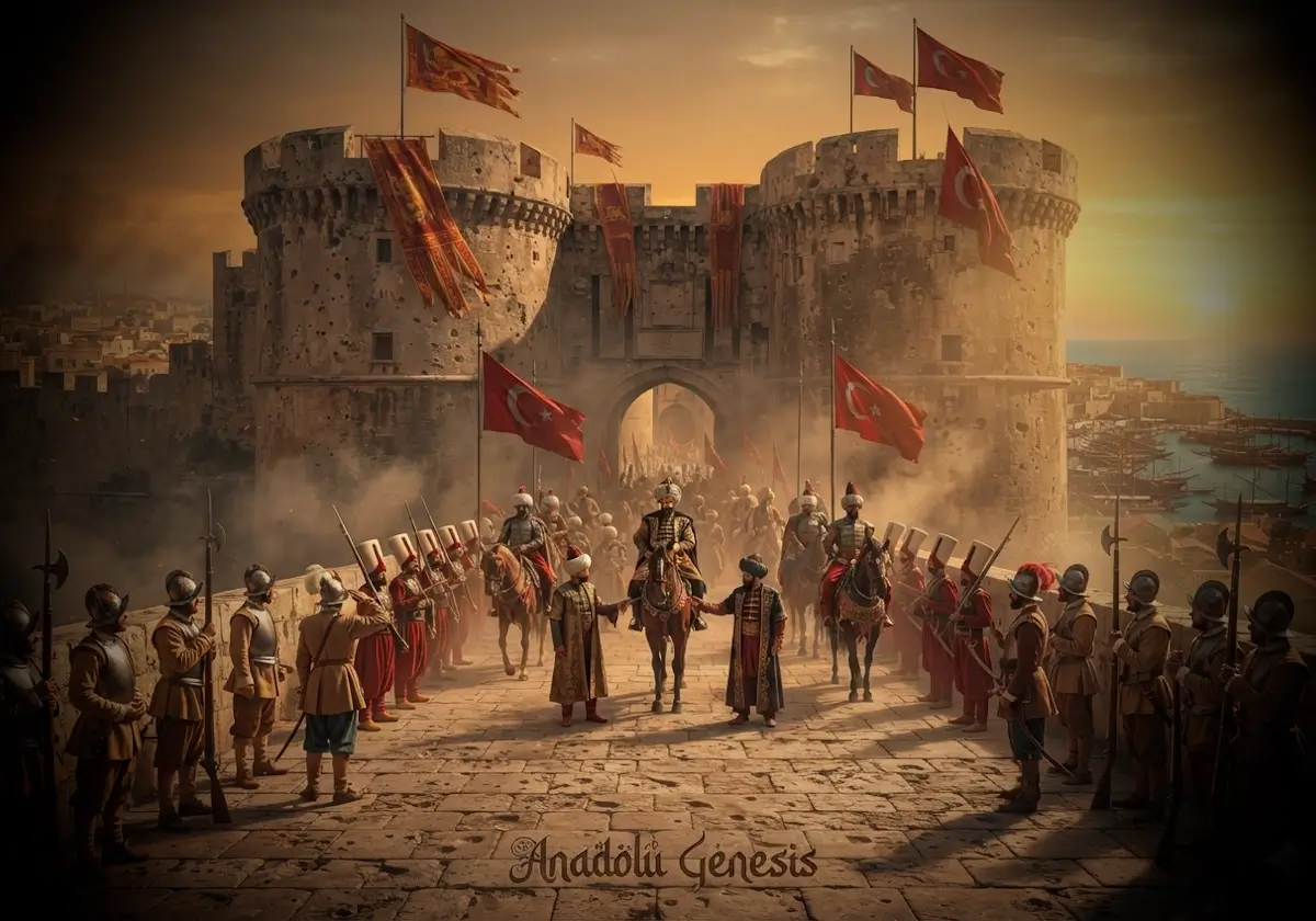 1669 yılında Osmanlı ordusunun Girit'teki Kandiye Kalesi'ni fethedişini ve Akdeniz'deki stratejik üstünlüğünü gösteren tarihî sahne.