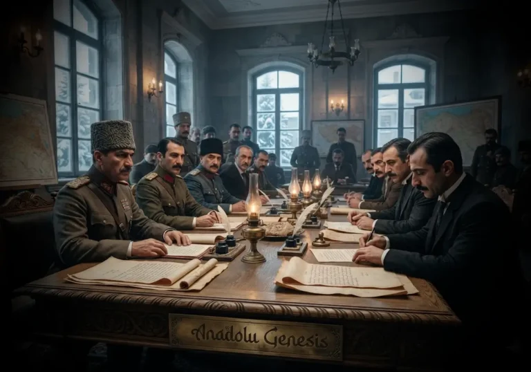 1920 Gümrü Antlaşması'nın imzalanmasını tasvir eden tarihî diplomasi sahnesi; TBMM ve Ermeni heyetleri müzakere masasında.