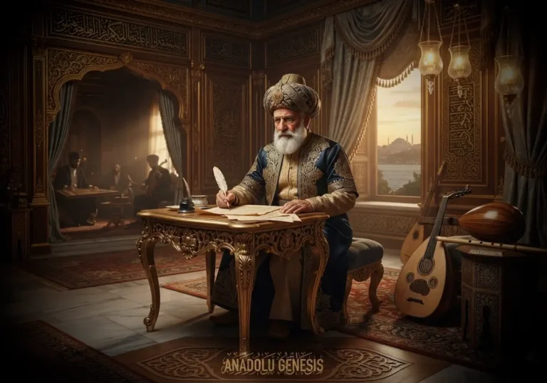 Hacı Arif Bey'in Osmanlı sarayında klasik Türk musikisi eserleri bestelerken tasvir edildiği tarihsel atmosferi yansıtan görsel.