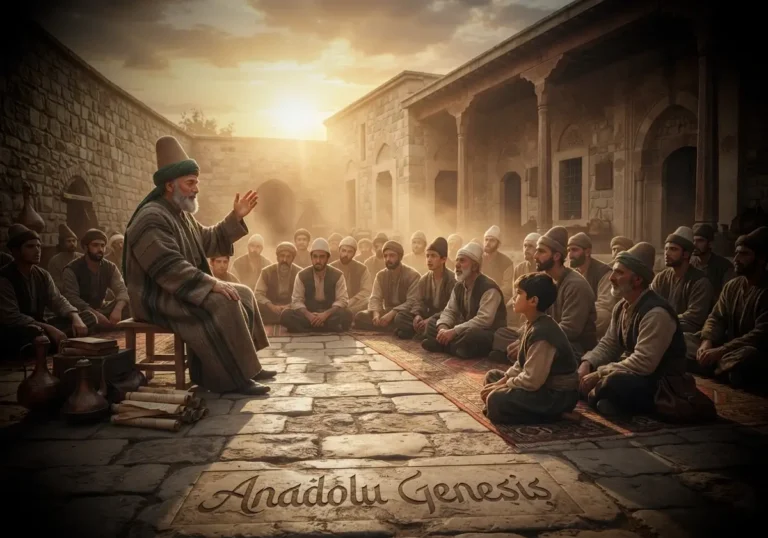 13.yüzyıl Anadolu'sunda Hacı Bektaş Veli'nin dergâhta talebeleriyle sohbet ettiği tarihî atmosferi yansıtan canlandırma.