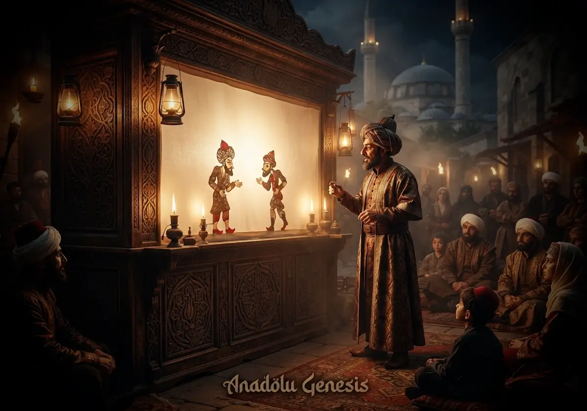 Osmanlı döneminde geleneksel gölge oyununda Hacivat'ın perde önündeki tasviri ve Ramazan gecesi atmosferini yansıtan tarihî sahne.
