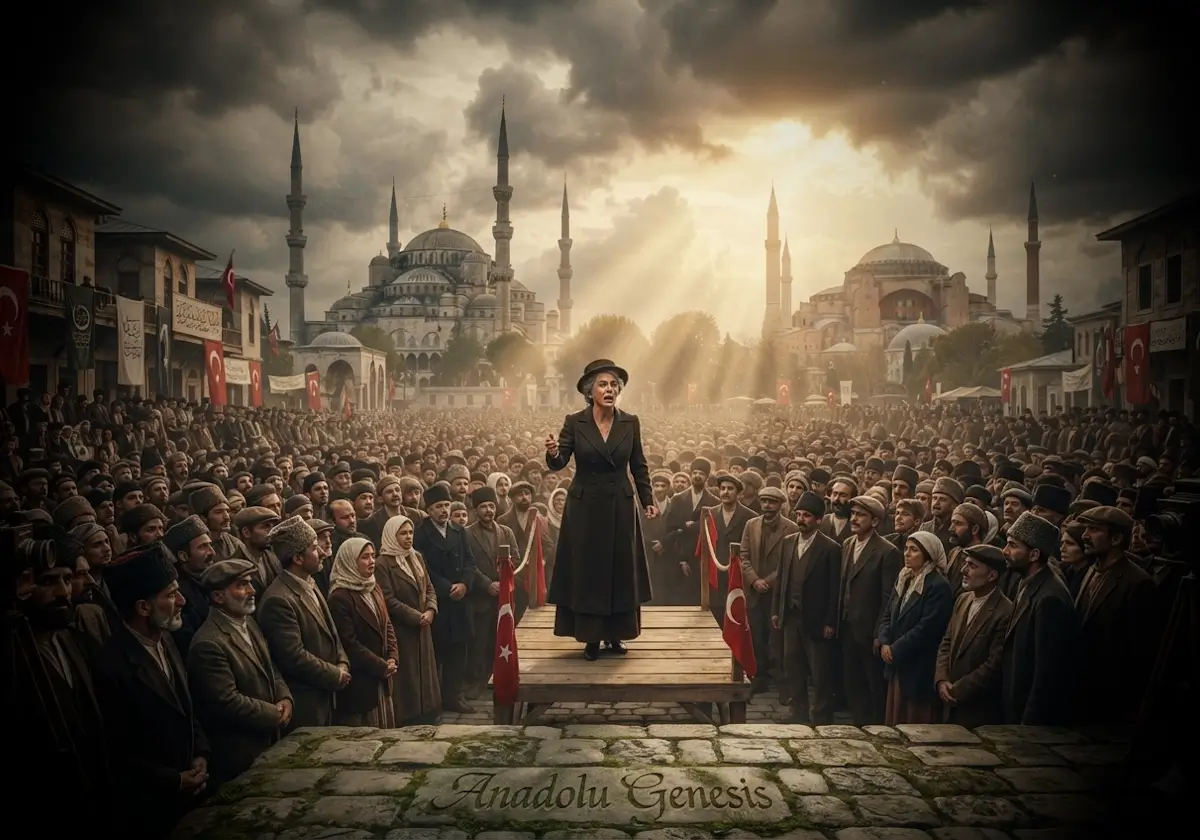 Halide Edib Adıvar'ın Sultanahmet Mitingi'nde yaptığı konuşmayı ve Milli Mücadele'ye katılan kadınları betimleyen tarihsel sahne.