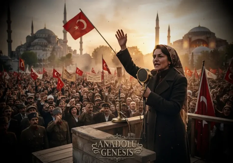 Halide Edib Adıvar'ın Millî Mücadele yıllarında Sultanahmet Meydanı'nda yaptığı tarihi konuşmayı yansıtan gerçekçi tarihsel sahne.