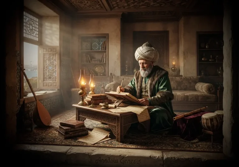 Hammamizade İsmail Dede Efendi'nin Osmanlı döneminde klasik Türk musikisi besteleri üzerinde çalışmasını tasvir eden tarihî sahne.