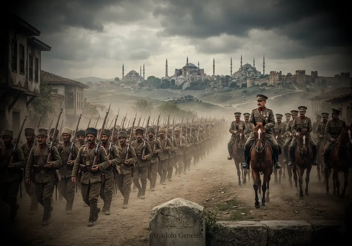 1909 yılında Hareket Ordusu'nun İstanbul'a ilerleyişini tasvir eden tarihsel sahne ve Osmanlı askerî birlikleri.