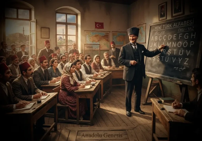 1928 Harf Devrimi sırasında yeni Türk alfabesinin öğretildiği sınıf ortamını ve eğitim seferberliğini gösteren tarihî sahne.