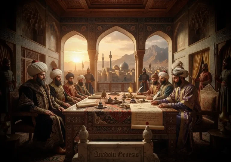 1727 Hemedan Antlaşması'nın Osmanlı ve Safevî elçileri arasında imzalanmasını tasvir eden tarihî ve gerçekçi diplomasi sahnesi.