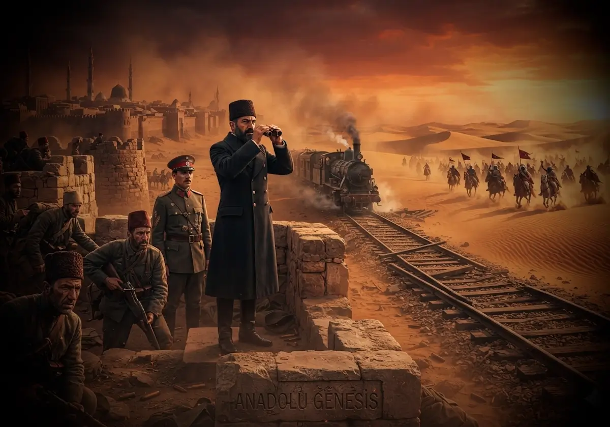 Hicaz Cephesi'nde Medine Savunması sırasında Osmanlı askerleri ve Hicaz Demiryolu'nun tarihî atmosferini yansıtan sahne.