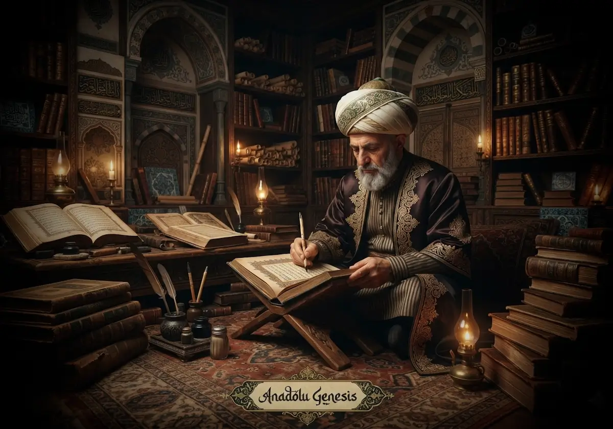 16. yüzyıl Osmanlı saray kütüphanesinde Tacü't-Tevarih'i kaleme alan Hoca Sadeddin Efendi'nin tarihî tasviri.