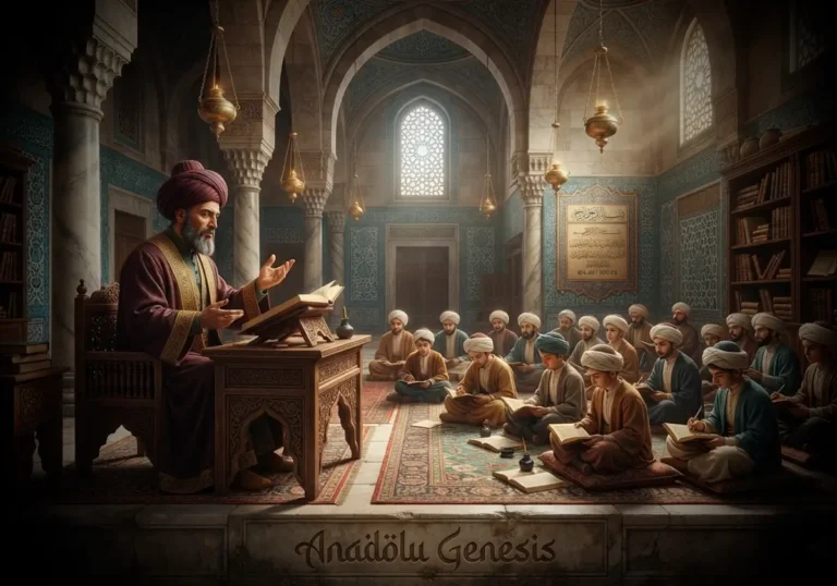 Fatih Sultan Mehmed döneminde medresede ders veren Hocazade Muslihiddin'i ve Osmanlı ilim geleneğini betimleyen tarihî sahne.