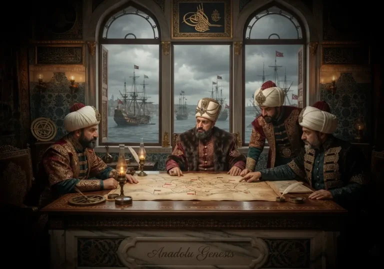 Topkapı Sarayı'nda haritaları inceleyen I. Abdülhamid ve Osmanlı devlet adamlarını Rus savaşları sırasında tasvir eden tarihî sahne.