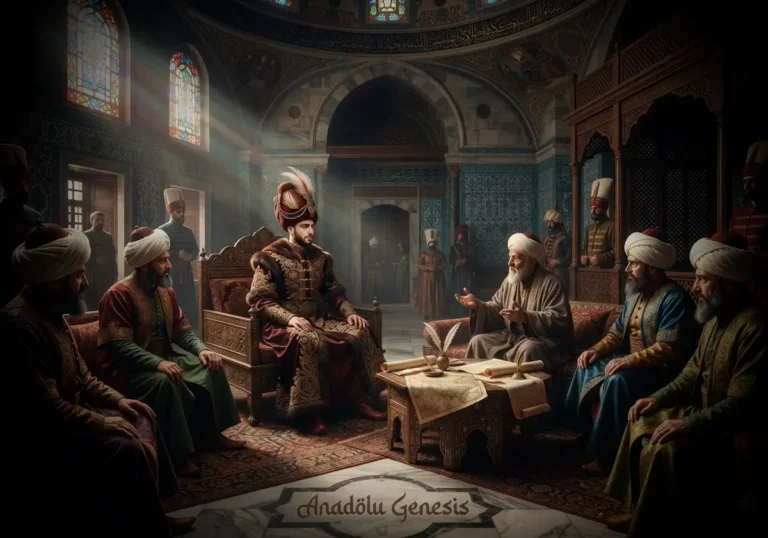 Topkapı Sarayı'nda devlet erkânıyla Ekber ve Erşed sistemini değerlendiren I. Ahmed'i tasvir eden tarihî sahne.
