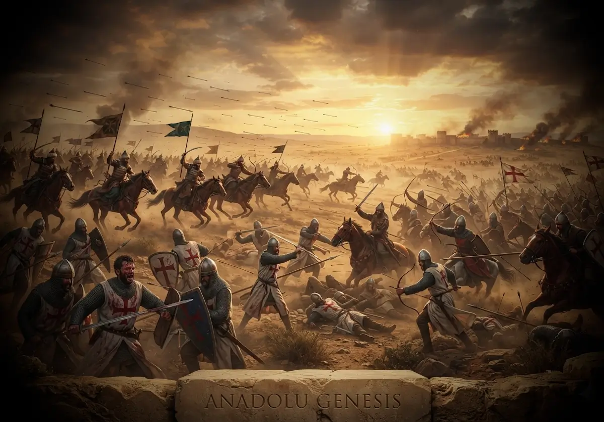 1097 Dorylaion Muharebesi sırasında Anadolu bozkırında Selçuklu süvarileri ile Haçlı şövalyeleri arasındaki tarihî çarpışmayı gösteren canlandırma.