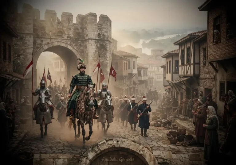 I. Murad döneminde Osmanlı ordusunun Edirne'ye girişini ve şehrin yeni başkent oluşunu betimleyen tarihsel atmosferli sahne.