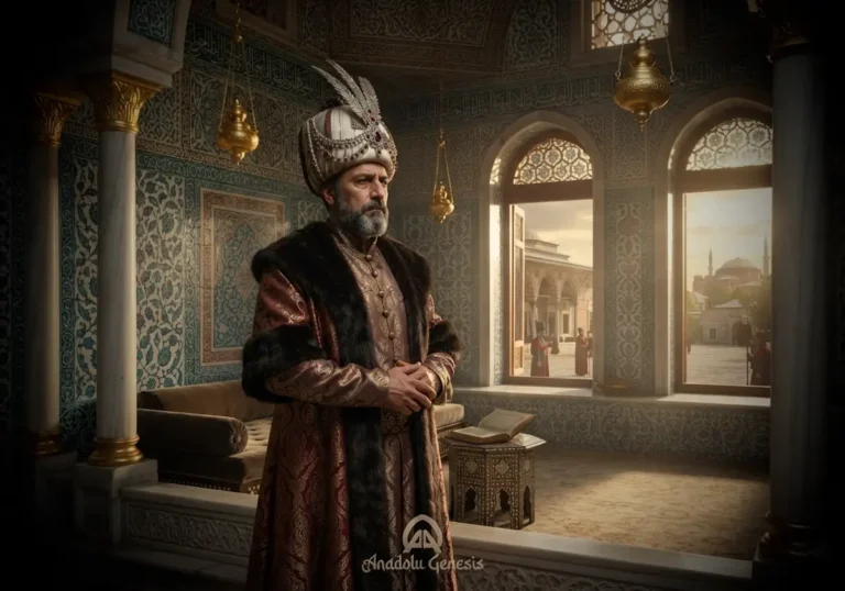 Topkapı Sarayı'nda tasvir edilen I. Mustafa'nın kısa süren saltanatını ve Osmanlı'nın siyasi dönüşüm dönemini yansıtan tarihsel sahne.