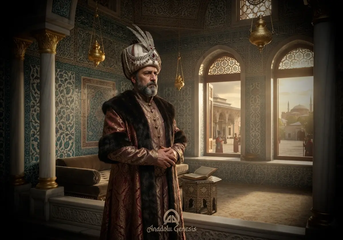 Topkapı Sarayı'nda tasvir edilen I. Mustafa'nın kısa süren saltanatını ve Osmanlı'nın siyasi dönüşüm dönemini yansıtan tarihsel sahne.