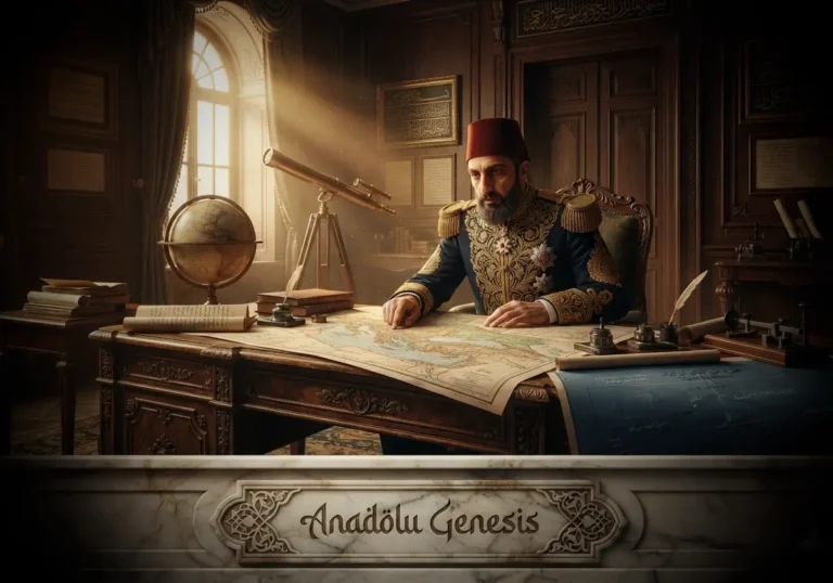 II. Abdülhamid'in Yıldız Sarayı'nda devlet haritaları ve resmî belgeler arasında Osmanlı yönetimini planlarken tasvir edildiği tarihsel sahne.