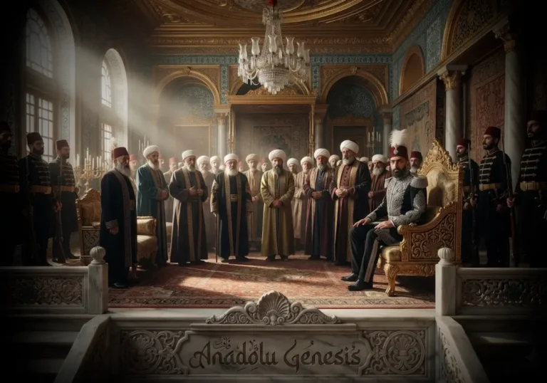 1876 yılında II. Abdülhamid'in Osmanlı tahtına çıkışını ve Topkapı Sarayı'ndaki cülus törenini betimleyen tarihî sahne.