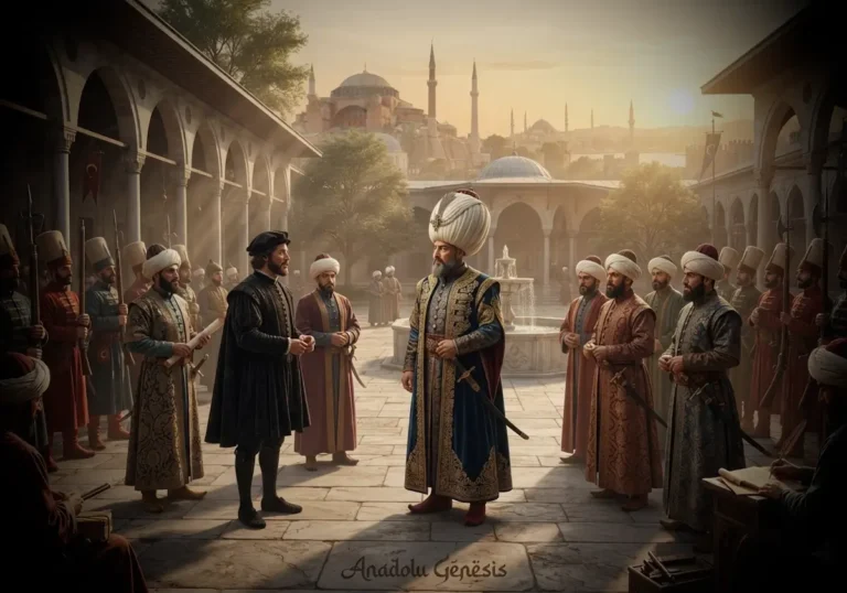 II. Bayezid'in Topkapı Sarayı'nda devlet erkânıyla birlikte tasvir edildiği, Osmanlı'nın yükseliş dönemindeki diplomasi ve kurumsallaşmayı yansıtan tarihî sahne.