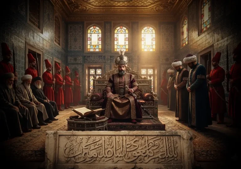Topkapı Sarayı'nda tahtta oturan II. Bayezid'i ve Osmanlı devlet yönetimini tarihsel atmosfer içinde gösteren gerçekçi görsel.