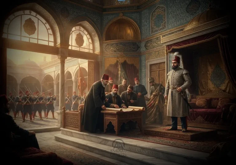 Topkapı Sarayı'nda II. Mahmud'un reform dönemini ve modernleşme sürecini yansıtan tarihî sahne, Osmanlı dönüşümünü betimlemektedir.