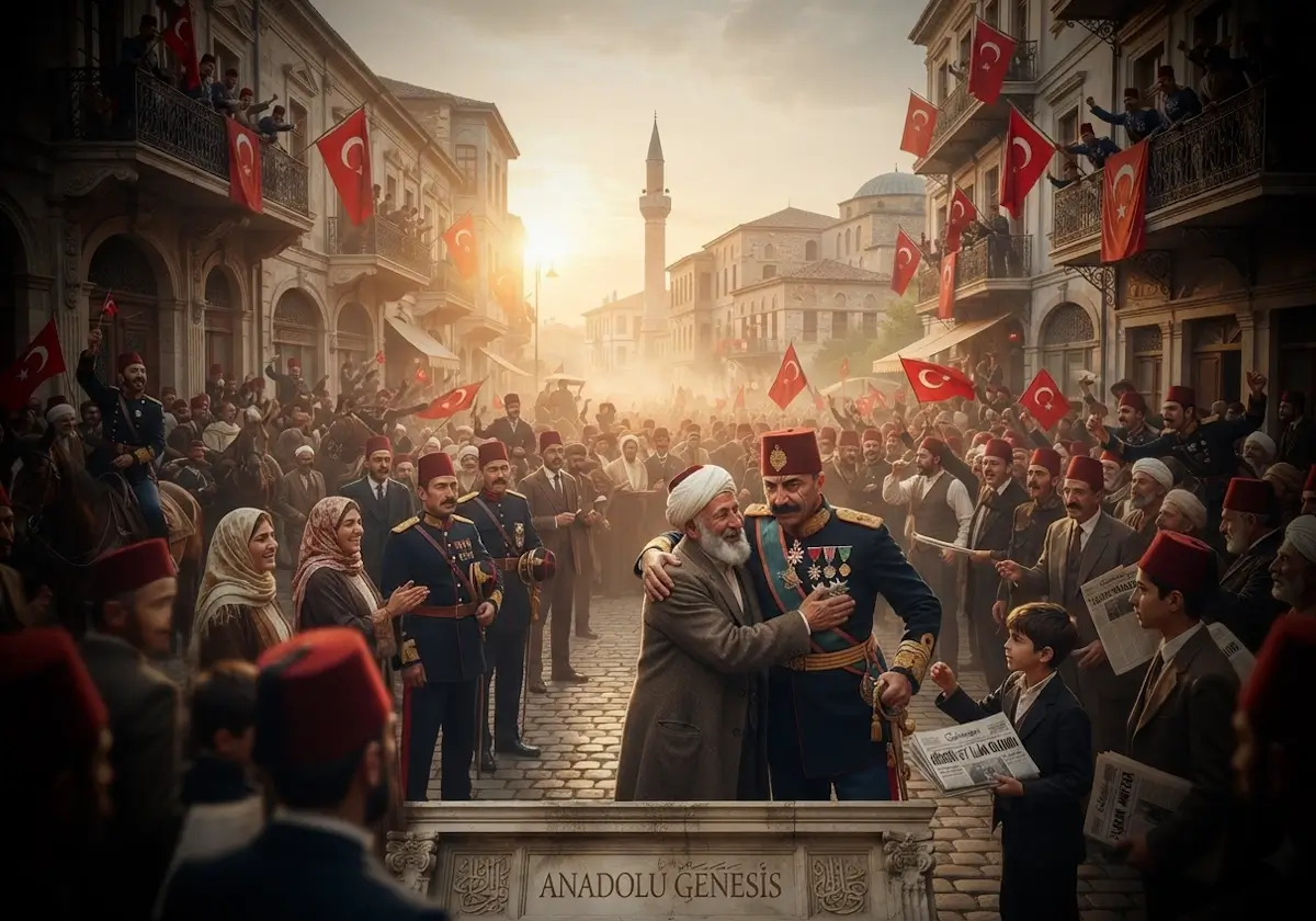1908'de II. Meşrutiyet'in ilanının ardından Selanik'te anayasal yönetimin yeniden kabulünü kutlayan Osmanlı askerleri ve halk.