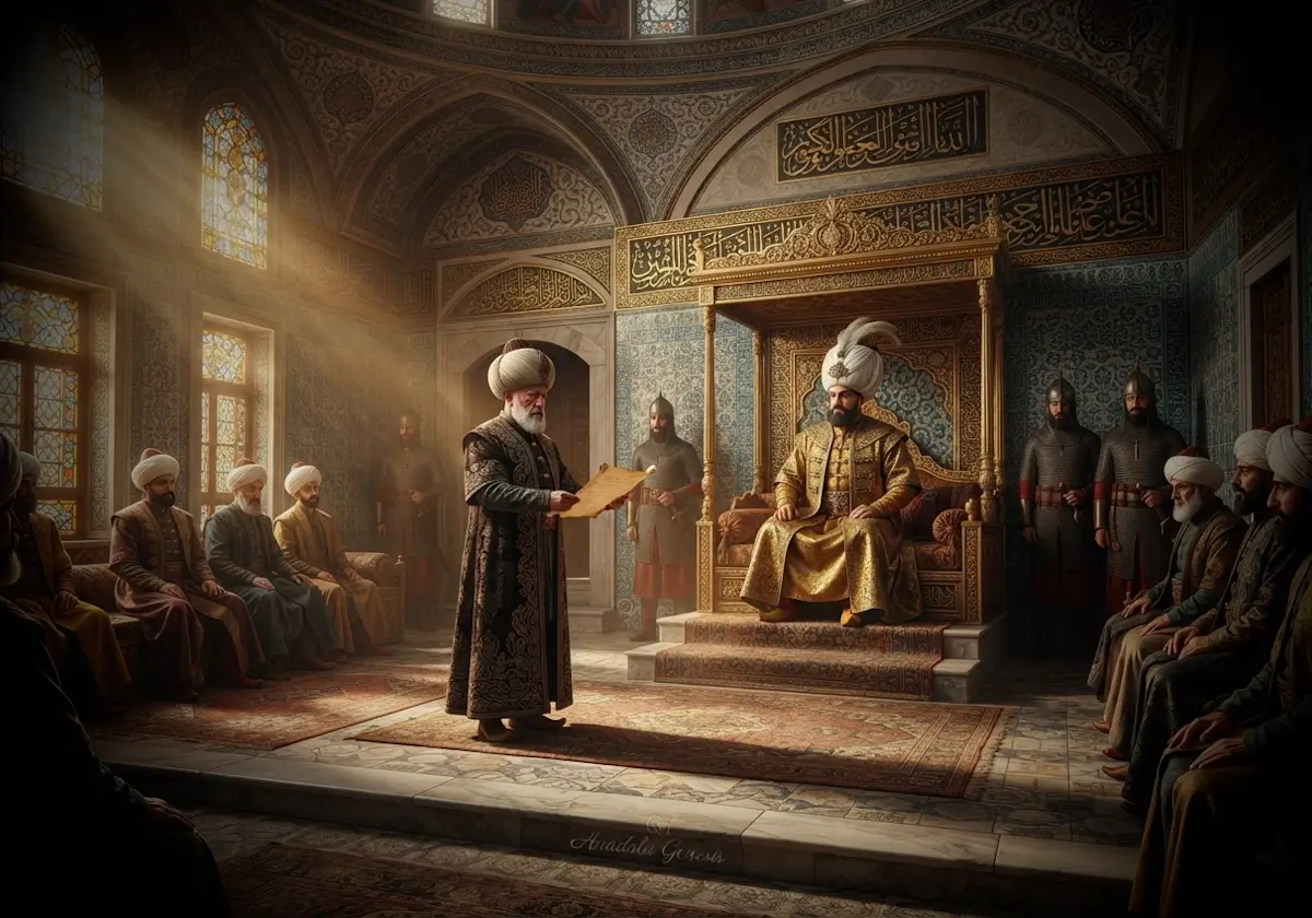 II. Selim ile Sokullu Mehmed Paşa'nın Topkapı Sarayı'nda devlet yönetimini tasvir eden tarihî sahne ve Osmanlı yönetim anlayışı.