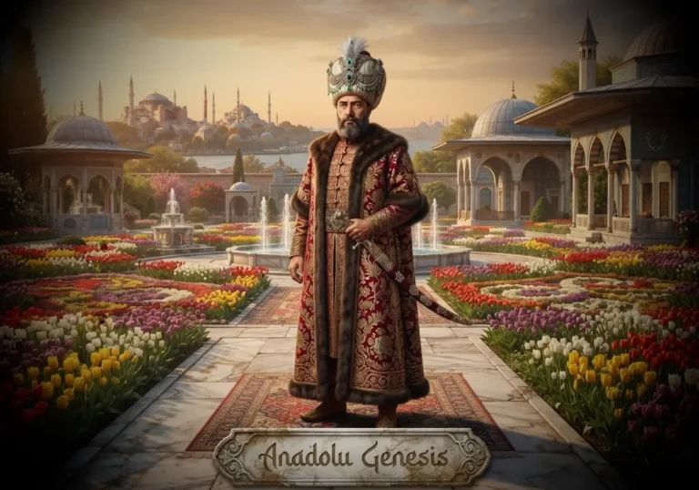 III. Ahmed'in Lale Devri atmosferinde Topkapı Sarayı bahçelerinde tasvir edildiği tarihî ve gerçekçi Osmanlı dönemi görseli.