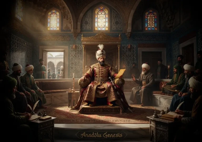 Topkapı Sarayı'nda devlet erkânıyla birlikte tasvir edilen III. Murad'ı ve Osmanlı saray yönetiminin güç kazandığı dönemi gösteren tarihsel canlandırma.