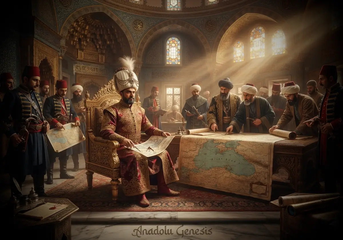 Topkapı Sarayı'nda reform planlarını inceleyen III. Mustafa'nın devlet adamlarıyla birlikte tasvir edildiği tarihî sahne.