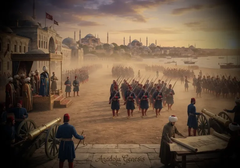 III. Selim döneminde eğitim yapan Nizam-ı Cedid askerleri ve Osmanlı modernleşmesini yansıtan tarihî İstanbul sahnesi.