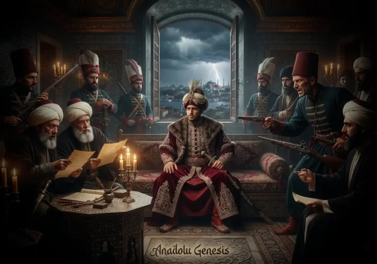 IV. Mustafa'nın Topkapı Sarayı'nda 1807-1808 siyasi krizini yansıtan tarihî atmosferde tasvir edildiği gerçekçi Osmanlı sahnesi.