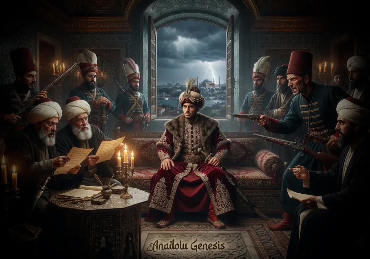 IV. Mustafa'nın Topkapı Sarayı'nda 1807-1808 siyasi krizini yansıtan tarihî atmosferde tasvir edildiği gerçekçi Osmanlı sahnesi.