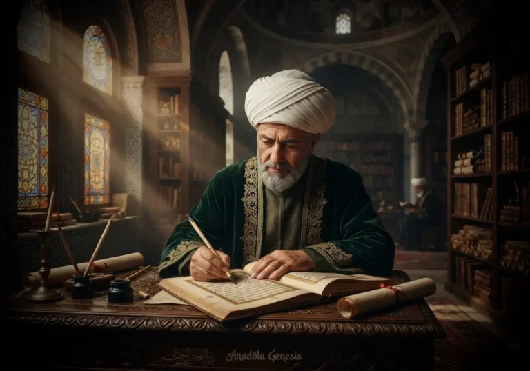 16. yüzyıl Osmanlı âlimi İbn Kemal'in tarih yazarken tasvir edildiği, Osmanlı kütüphanesi atmosferini yansıtan gerçekçi sahne.