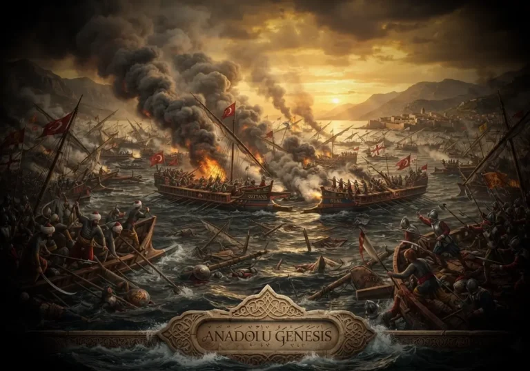 1571 İnebahtı Deniz Savaşı'nda Osmanlı ve Kutsal İttifak donanmalarının Akdeniz'deki büyük deniz muharebesini gösteren tarihî canlandırma.