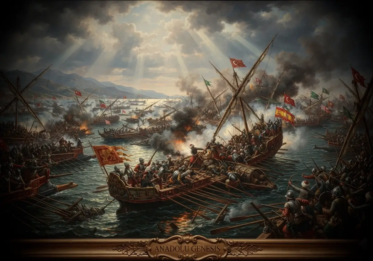 1571 İnebahtı Deniz Savaşı'nda Osmanlı ve Kutsal İttifak donanmalarının Akdeniz'deki tarihî çarpışmasını gösteren gerçekçi illüstrasyon.