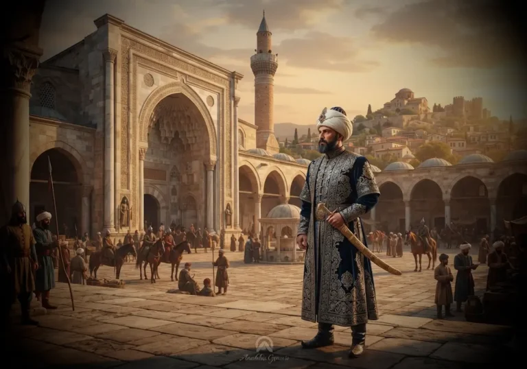 Aydınoğulları hükümdarı İsa Bey'in Selçuk'taki İsa Bey Camii önünde tasvir edildiği tarihî ve gerçekçi Orta Çağ Anadolu sahnesi.