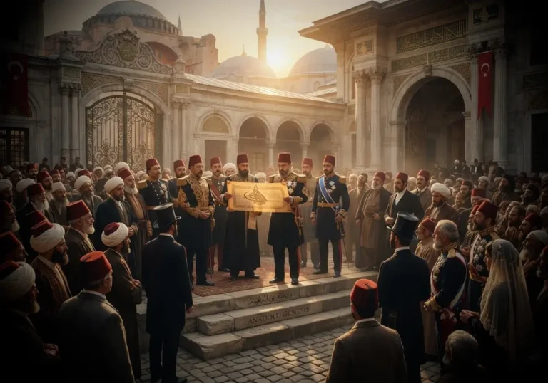 1856 Islahat Fermanı'nın ilanını betimleyen, Osmanlı devlet adamları ve halkın yer aldığı tarihsel sahneyi gösteren görsel.
