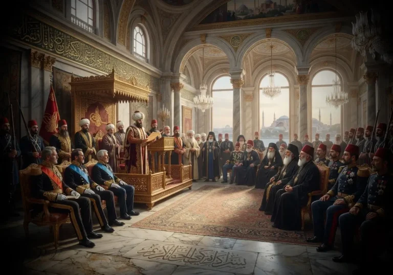 1856 Islahat Fermanı'nın ilanını temsil eden tarihî sahnede Osmanlı devlet adamları ve yabancı diplomatların yer aldığı gerçekçi tasvir.