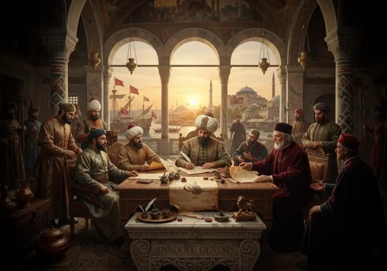 1454 İstanbul Antlaşması'nın Osmanlı ve Venedik temsilcileri arasında imzalanışını ve İstanbul'un ticari önemini yansıtan tarihî sahne.