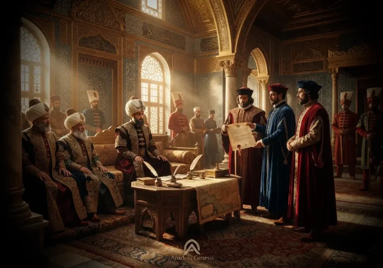 1479 İstanbul Antlaşması'nın Osmanlı sarayında Fatih Sultan Mehmed ile Venedik elçileri arasında imzalanışını gösteren tarihî sahne.