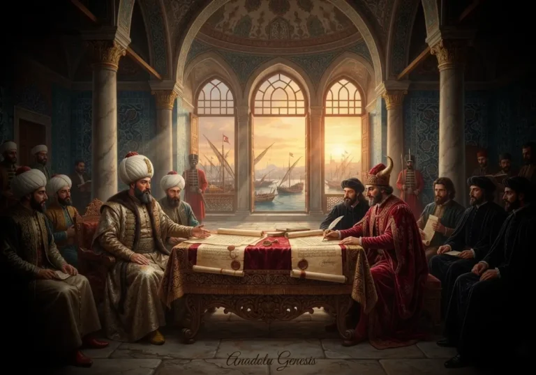 1503 İstanbul Antlaşması'nın Osmanlı ve Venedik temsilcileri arasında imzalanışını ve Akdeniz'deki değişen deniz dengesini betimleyen tarihî sahne.