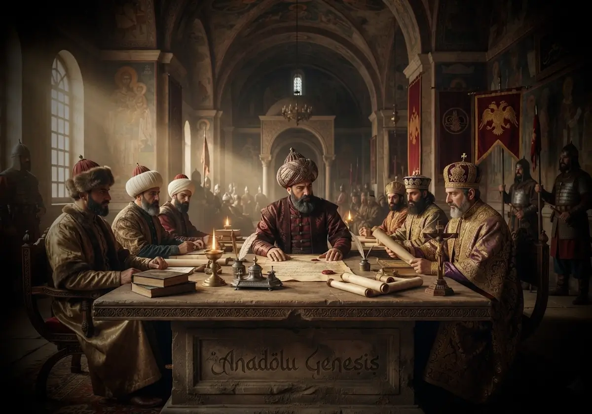 1533 İstanbul Antlaşması'nın Topkapı Sarayı'nda Osmanlı ve Avusturya temsilcileri arasında gerçekleşen diplomatik görüşmesini betimleyen tarihsel sahne.