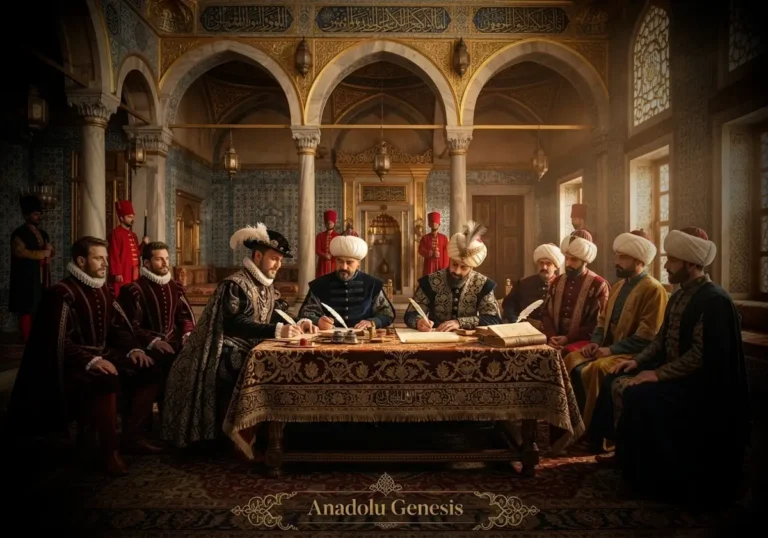 1547 İstanbul Antlaşması'nın Topkapı Sarayı'nda Osmanlı ve Habsburg elçileri arasında imzalanışını tasvir eden tarihî sahne.