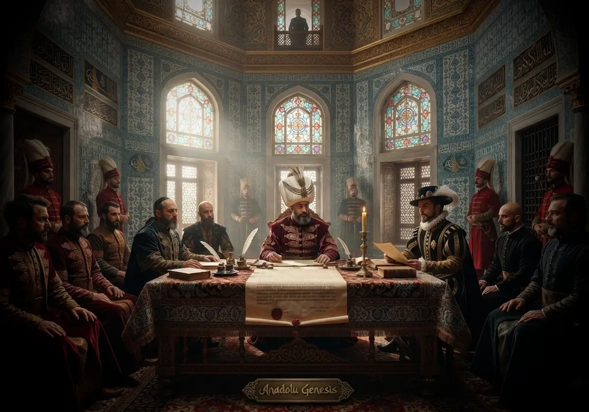 1553 İstanbul Antlaşması görüşmelerini Topkapı Sarayı'nda Osmanlı ve Habsburg elçileri arasında betimleyen tarihî sahne.